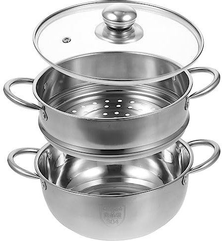 Alipis Dampfgarer Aus Edelstahl 2-Stöckig Soßenpfanne Dampfgarer Kochgeschirr Dampftopf Suppentopf Kochtopf Gemüsedampfgarer Mit Deckel 20 Cm