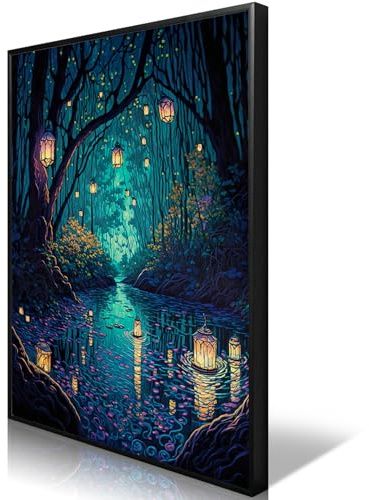 Anslipswar Fantasy andlig skog kanvas väggkonst, inramade magiska coola lyktor på träd blå affisch för rum estetisk, fe underland mörk natt eldflugor flod bild tryck dekor 61 x 91 cm