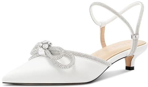 Aachcol Scarpe da donna a punta ravvicinata con fiocco con strass, tacco a punta, tacco basso, cinturino regolabile alla caviglia, scarpe da sposa per ballo di fine anno, abito da sposa, Raso bianco.,