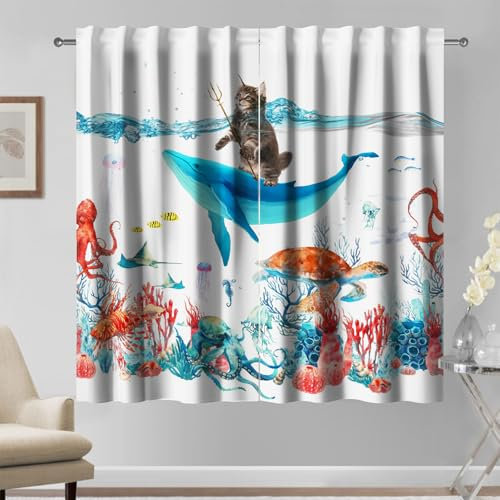 Kzzfqxb Dessin animé Rideaux 117x229cm 2 Panneaux, Chat drôle chevauchant Une Baleine Bleue avec Une Lance de pêche, décoration Fantaisie Amusante pour Chambre d'enfant Salon