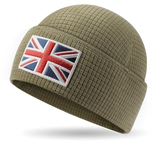 Outdoor Shaping Grid Fleece Cuffed Beanie with Leather Union Flag Patch Waffle Tactical Army Military Skull Cap Army Green