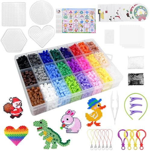 Crynvor 6300 PCS Cuentas para Planchar, 24 Colores Abalorios Fuse Beads, 5 mm Set de Perlas de Planchar, con Tableros, Tarjetas de Patrón, Pinzas, Papel de Planchar, para Niños Juguetes Regalos