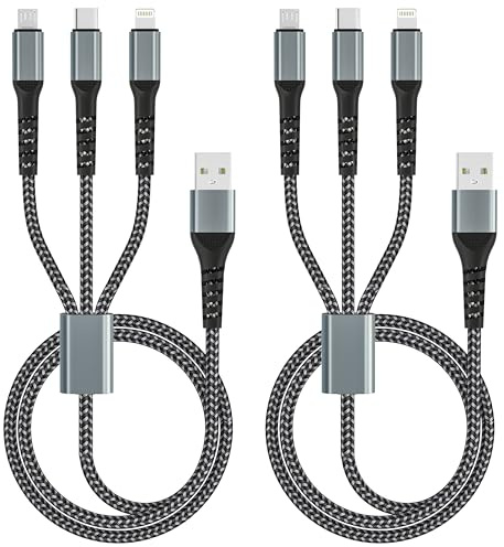 Cable Multiple Cargador 1.2M 2Pack, 3 en 1 Multi Cable de Carga Nylon Multi USB cable Cargador Movil con Micro USB Tipo C Lightning para iPhone,Samsung Galaxy,Huawei,Honor,Xiaomi,LG,Android,Kindle,PS5