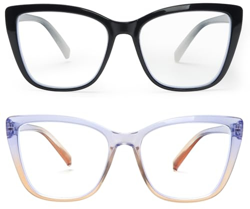 KoKoBin 2 Pack Oversize Occhiali da lettura da donna Moda Anti luce blu Occhiali per computer (2 Pack（Nero、Champagne）, 2.5, Diottria)