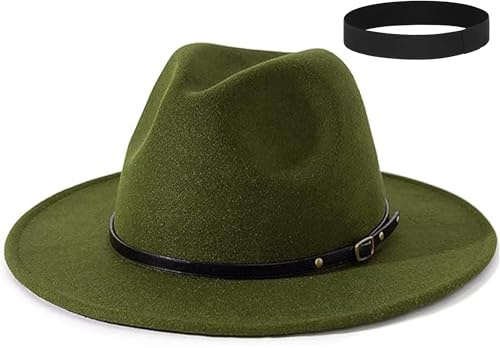 EOZY Wool Fedora Hats for Men Women Felt Panama Trilby Cap Wide Brim Jazz Hat for Beach Party Church Army Green