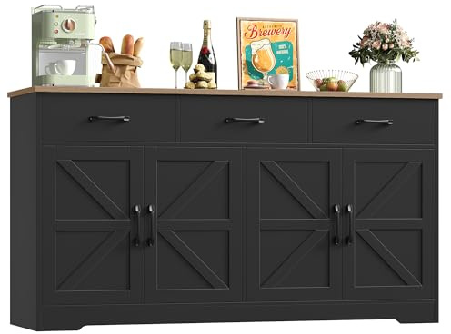 HOCSOK Aparador de cocina de 150 cm de ancho con encimera, aparador de cocina con 4 puertas y 3 cajones, armario buffet para salón, cocina, comedor, color negro