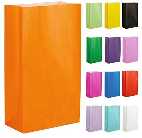 Thepaperbagstore 50 Orange papperspåsar – 14x24.5x7cm – Färgglada papperspresentpåsar för barn- och vuxenfester, födelsedagar, bröllop, babyshowers, möhippa och godis