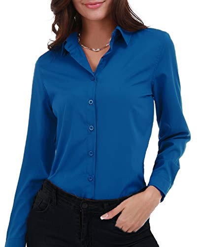 Gemolly Camisa básica de manga larga con botones para mujer, talla grande, simple, elástica, formal, casual, Azul real, XL