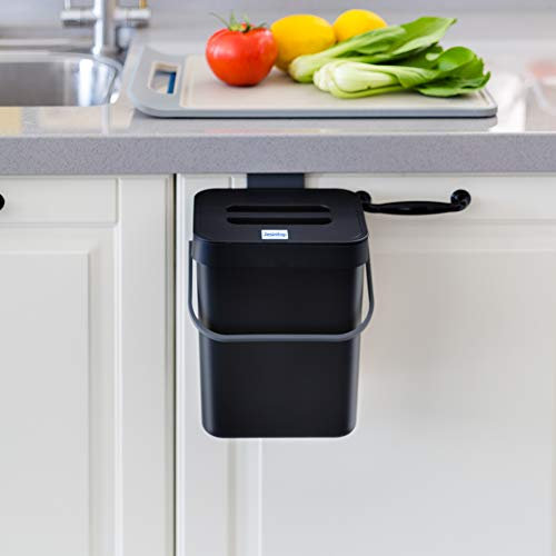 Jesintop Compost Bin for Kitchen Countertop Under Sink,Bathroom Hanging Small Trash Can with Lid,Mountable Food Waste Bucket,1.3 Gal/5 L Series,Black