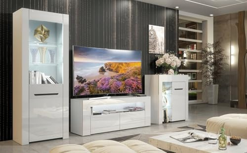 Furneo Milclif 09 – High Gloss & Matt White Living Room Set, TV Stand, Sideboard & Display Cabinet, White LED Lights