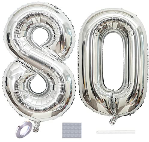 Shikuer Luftballons Zahl 80, Riesen Folienballon Nummer 80 Silber Damen,Luftballons 80. Geburtstagdeko, 40 Zoll Helium Ballons Aufblasbar Zahl 80 Silber für Geburtstag, Hochzeit, Jubiläum XXL