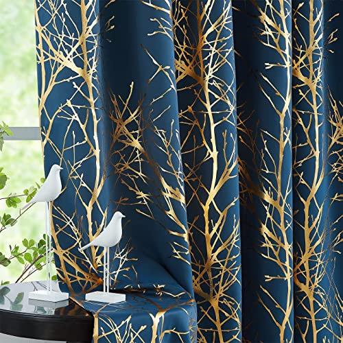 Fmfunctex Navy Gold Blackout Curtains for Bedroom 54 inch Drop Eyelet Curtains for Living Room Tree Branch Foil Thermal Insulated Window Curtain Panels 2 Panels