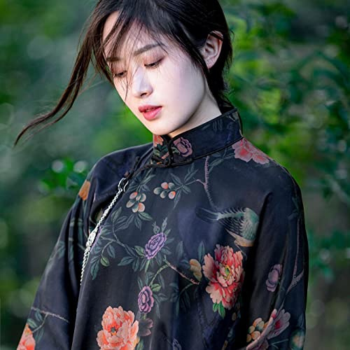 SMDSAZ Retro Elegant Chinese Style Black Cheongsam Women Clothing Satin Floral Print Loose Party Long Cheongsam Improved Qipao Dress (Color : Black, Size : XL)