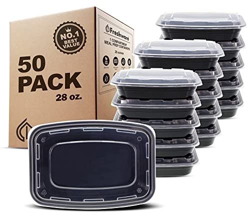 Freshware Meal Prep Containers [50 Pack] 1 Compartment with Lids, Food Storage Containers, Bento Box, BPA Free, Stackable, Microwave/Dishwasher/Freezer Safe (28 oz)