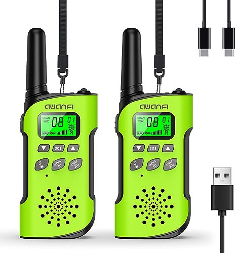 AWANFI Walkie Talkie Kinder, 3-12 Jahre, Walkie Talkie Aufladbar mit Li-ion Akku, Funkgerät Set, Walky Talky mit VOX, LCD Taschenlampe, Tastensperre, Walki Talki für Geschenk Camping Abenteuer