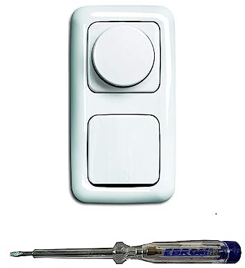 Busch Jäger 6523U-102 LED Drehdimmer Dimmer + Dimmerscheibe 2115-214 und Lichtschalter 2000/6 US in Reflex Si alpinweiß glänzend inklusive EBROM Phasenprüfer zur Montage der Geräte (6523 U – 102)