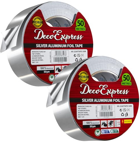 DECO EXPRESS Aluminium Foil Tape Adhesive Insulating Sealer 4.5cm x 10m/25m/50m Heat Resistant Waterproof Insulation Tape (50 M, 2 Pcs)