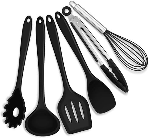 Joyfair Küchenutensilien Set, 6 Stück Silikon Küchenhelfer Kochbesteck Set, Schwarz Antihaft Pfannenwender Küchen zum Kochen & Backen, Hitzebeständiger & Lebensmittelqualität, Spülmaschinenfest