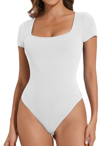 Joyshaper damer kortärmad body elegant kantig urringning t-shirts ribbad leotard toppar sommar bodysuit topp dambody stringbody tanga, Vit/kantig urringning, M