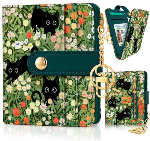 Jogjam Black Cat Floral Rfid Women Wallet, Small Slim Thin Credit Card Wallet, PU Leather Bifold Cash Zipper Coin Pocket ID Window for Female Ladies Teen Girls Girly