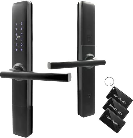 EURA ELH-71H4 Cerradura de puerta inteligente delgada con manija Cerradura combinada de 13,56 MHz Lector de proximidad IP65 Espaciado universal entre pernos más negro