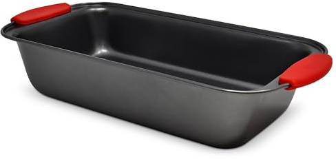 PERLLI Nonstick Loaf Pan with Silicone Grip Handles 11.75 x 6 High-Carbon Steel Bakeware for Baking Bread Cake Broiling Roasting Meat, Oven Safe (446°F)