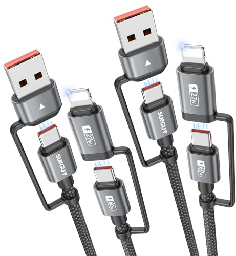 SUNGUY Cable Lightning 4 en 1 0,6m [Paquete de 2], Cable de Carga multiUSB-C de 60 W, USB-C/A a Lightning/C para iPhone 16/15/14 Pro/iPad/MacBook/Samsung Galaxy S25 y Pixel