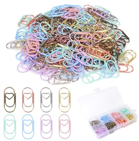 200 stycken hjärtformade pappersklämmor, 8 färger, små pappersklämmor i metall med transparent låda, färgglada pappersklämmor för kontor, klassrum och dekorativa kort