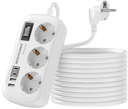 Verlängerungskabel 5M mit Überspannungsschutz Mehrfachsteckdose 4 USB(2 USB-C), 3 Fach Steckdose mit Schalter Wandmontage für Home Office, weiß