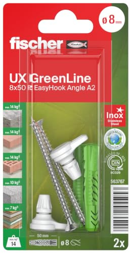 Fischer Universal Dowels UX Green 8 x 50 R EasyHook Angle, Sustainable All-Purpose Dowels with Edge for Optimal Hold in Various Building Materials, with A2 Stainless Steel Screws and Angle Hook, Pack