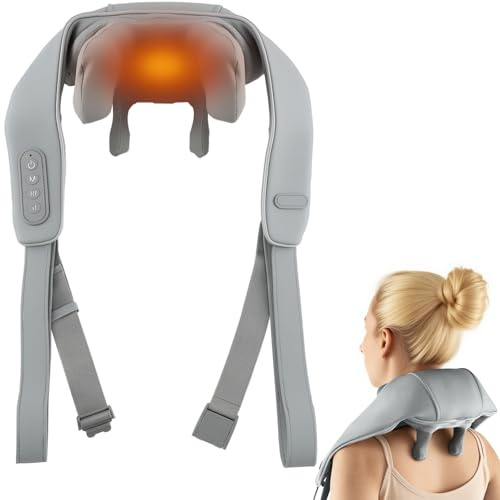 GOPLUS nackmassageapparat, 4D Shiatsu massageapparat med 2 värmenivåer och justerbar intensitet, trådlös massagekudde för rygg och ben och hals (grå)