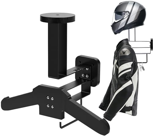 MEKOTRIN Motorbike Helmet Holder Wall Mount, Heavy Duty Motorcycle Gear Rack Helmet Stand with Multifunctional Hook, Wall Hanger Organizer for Motorcycle Football, Rugby & Sports Gear Storage, Black