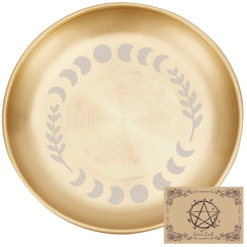 CREATCABIN Moon Phase Altar Ritual Plate Dish Stainless Steel Flat Bowl Golden Round Prayer Tarot Offering Bowl Dish Candle Trinket Holder Jewelry Tray for Incense Burner Dowsing Divination 5.55 Inch