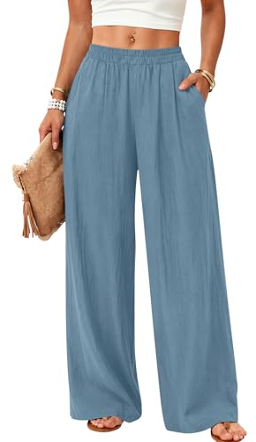 Rapbin Linen Trousers Womens Wide Leg Pull On Summer Pants with Pockets | linen texture fabric, pull on elastic waist, flowy wide leg fit, side pockets, lightweight summer trousers for holiday