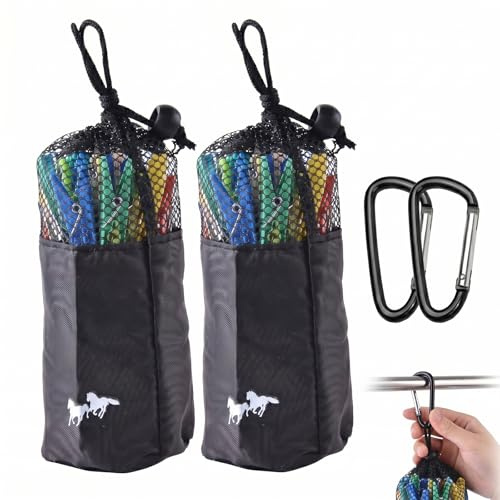 Lot de 2 Sac Pince a Linge avec Mousqueton, Panier Pince à Linge Suspendre en Polyester avec Cordon de Serrage, Sac de Rangement pour Epingles à Linge et Petits Objets, Noir