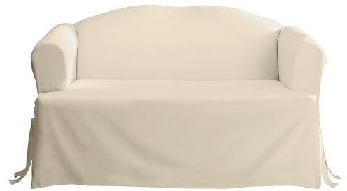 SureFit Home Décor Cotton Duck Solid T-Cushion Loveseat One Piece Slipcover, Relaxed Fit, 100% Cotton, Machine Washable, Natural Color