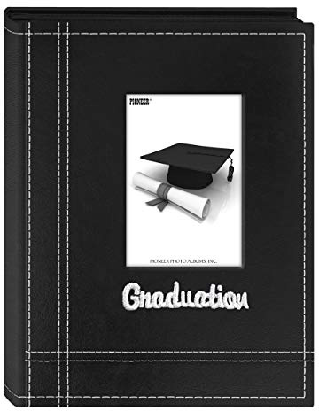 Pioneer Photo Albums 36-Pocket Sewn Leatherette Embroidered Graduation Theme Frame Cover Album for 4 by 6-Inch Prints, Black