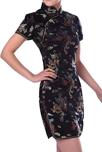 UK Seller Black Dragon & Phoenix Chinese Short Mini Evening Party Dress Cheongsam Qipao Despatch Same Working Day (UK 16)