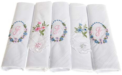 Surf the Shop Lot de 5 mouchoirs blancs brodés avec initiales pour femme avec bordure en satin et mouchoirs floraux assortis, différentes lettres, Lettre J., 5 paquet