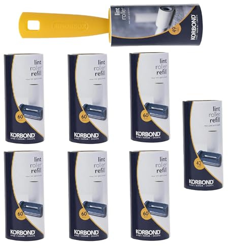 Korbond Lint Roller and Refill Set - 451 Sheets - x 1 Lint Roller plus x 8 Refill Rolls - Remove Pet Hair from Any Surface