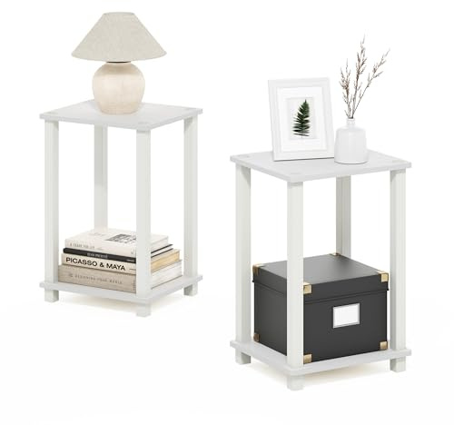 Furinno Simplistic Juego de 2 mesas auxiliares pequeñas de 2 Niveles con Estante Abierto, Montaje sin Herramientas, para Sala de Estar o Dormitorio, Color Blanco