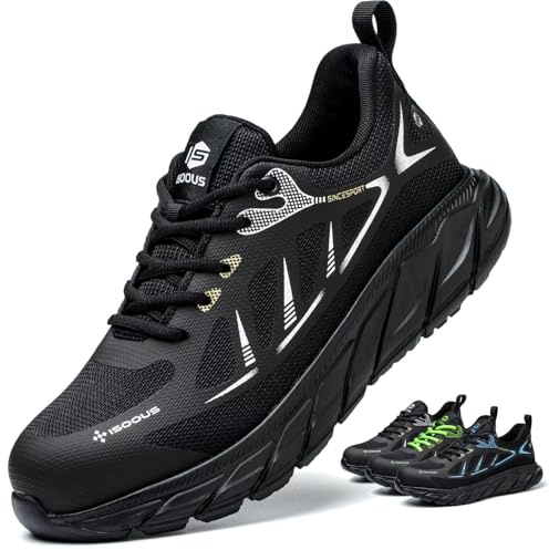 ISOOUS Zapatos de Seguridad Hombre Mujer Calzado de Seguridad Ligero Antideslizante Zapatos de Trabajo Comodo con Punta de Acero Transpirable Negro 40