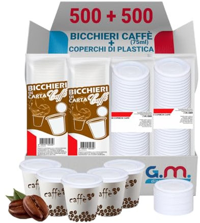 G.M. DISTRIBUZIONE 500 Bicchieri per Caffè da 75ml con Coperchio in Plastica Piano senza Foro, Bicchieri e Coperchi Monouso Alta Qualità per Bar e Caffetterie
