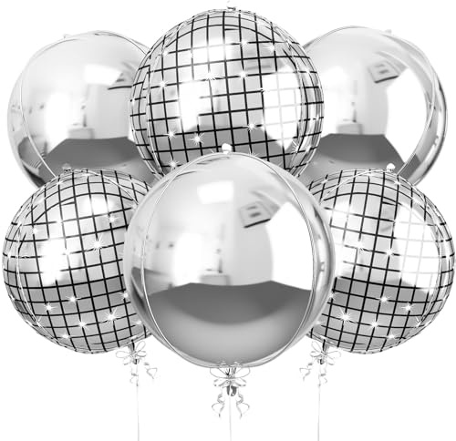 6Pcs 22 Inch Silver Balloons, Disco Ball Balloons with Silver Round Foil Balloon, 70s 80s 90s Theme Large Metallic Disco Balloon for Dance Bachelorette Graduation Birthday Party Supplies