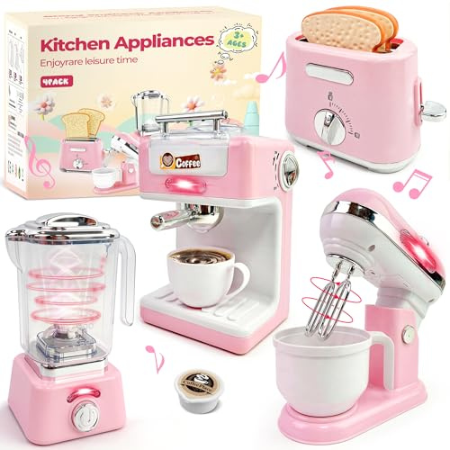 Kids Play Kitchen Accessories Toys Set,Prented Play Kitchen Appliances Playset,Blender,Coffee Maker,Mixer,Toaster with Light & Sound,Kitchen Sets for Kids Age 4-8,Pink Kitchen Toys for Toddler Girls