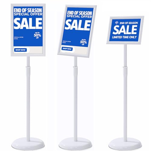 YIYO A3 Poster Stand Floor Standing Sign Holder Snap Frame Adjustable Aluminum Sign Holder with Heavy Duty Pedestal Base, Display Notice Menu Stand for Wedding/Business Activities，1 pack (White, A3)