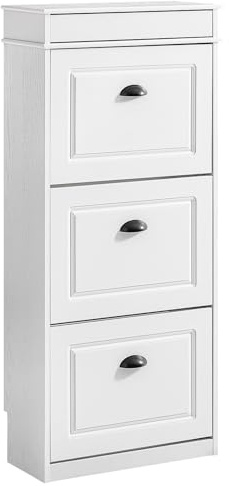 SoBuy Schuhschrank Schmal mit 3 Klappen - Schmaler Schuhkipper, Verstellbares Schuhregal für Flur & Eingangsbereich Flurschrank mit Kippsicherung 53x120x24cm Weiß Vintage Holzmaserungseffekt FSR94-WG