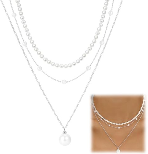 Zimocepuz Pärlhalsband för kvinnor, mode silver lång pärla kedja stack, allergivänlig fin pärla halsband, sött smyckesset, presenter till kvinnor