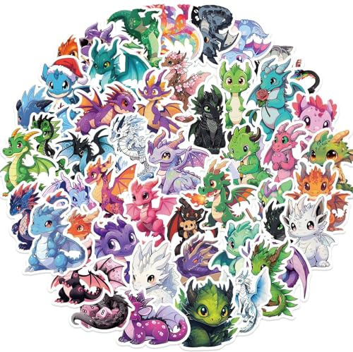 Lot de 50 Autocollants Dragon, Stickers Feuilles Autocollants Vinyles Etanches pour les Décorations Artisanales, Bouteilles D'eau, Scrapbooking, Ordinateurs Portables, Vélo, Récompenses
