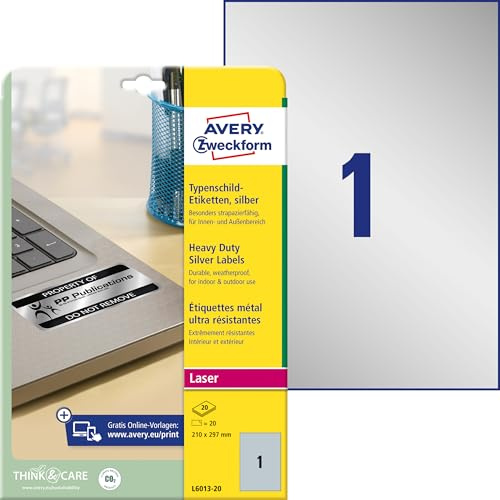 AVERY Zweckform L6013-20 Typenschild Folienetiketten (20 Aufkleber, 210x297mm auf A4, stark selbstklebend, strapazierfähig, wetterfest, bedruckbare Klebefolie, blanko) 20 Blatt, silber